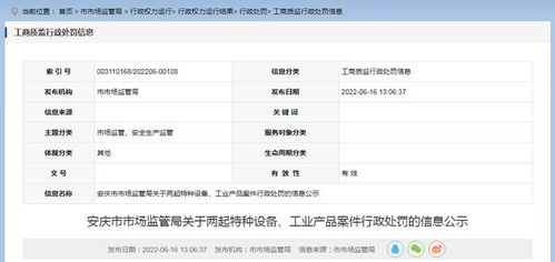 安徽省安慶市市場(chǎng)監(jiān)管局公示兩起特種設(shè)備及工業(yè)產(chǎn)品案件行政處罰信息，強(qiáng)化市場(chǎng)安全監(jiān)管